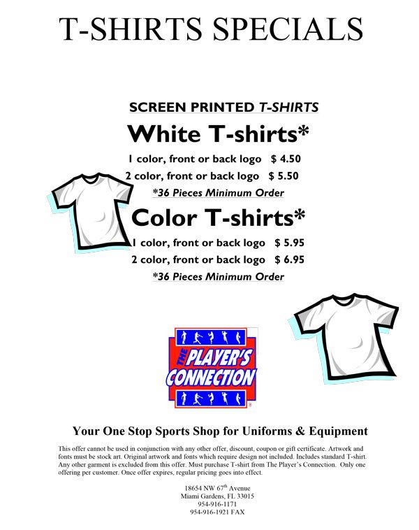 A flyer promoting screen printing for t-shirts specials.